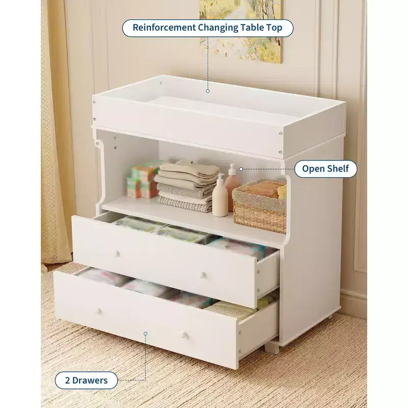 Comodino fasciatoio per bambini, fasciatoio moderno in legno con 2 cassetti, fasciatoio multifunzionale per neonati per cameretta, camera da letto