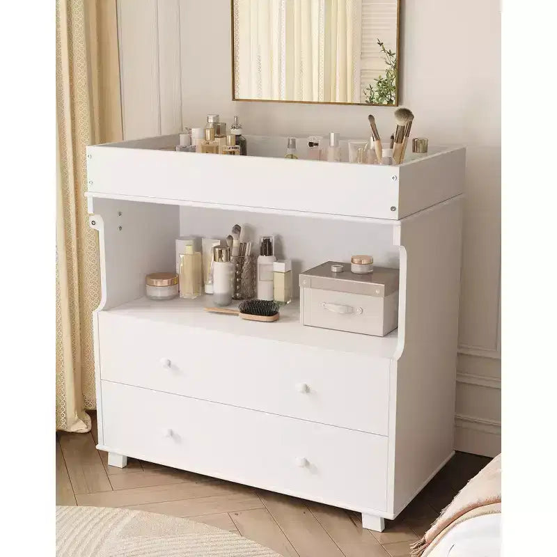 Comodino fasciatoio per bambini, fasciatoio moderno in legno con 2 cassetti, fasciatoio multifunzionale per neonati per cameretta, camera da letto