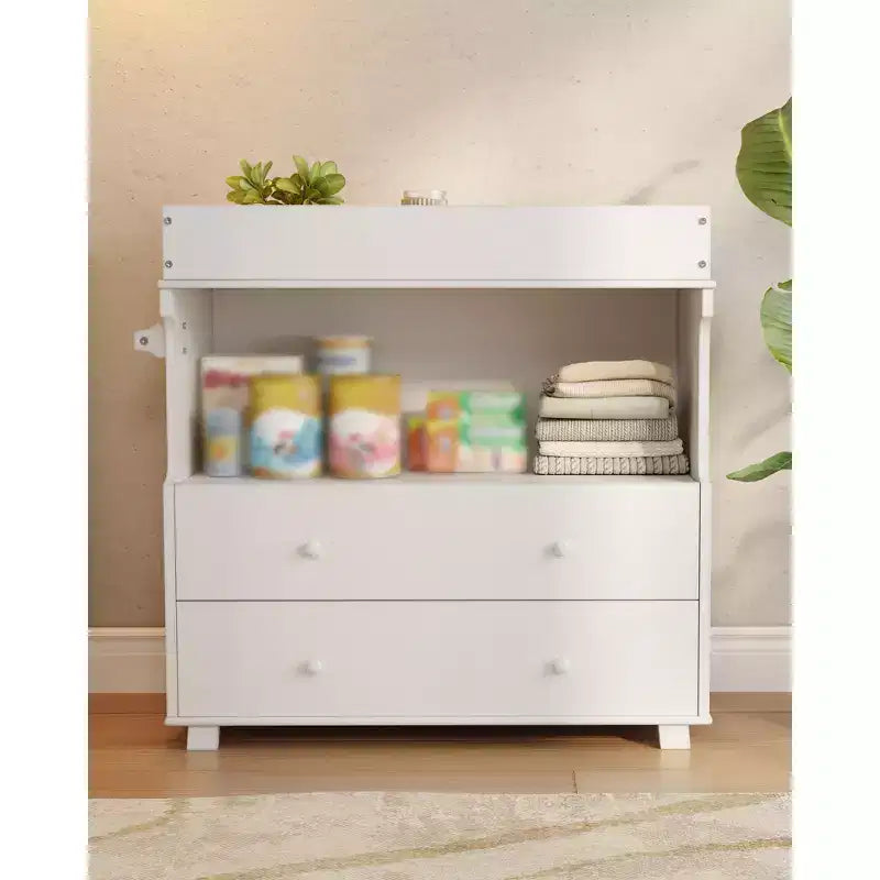 Comodino fasciatoio per bambini, fasciatoio moderno in legno con 2 cassetti, fasciatoio multifunzionale per neonati per cameretta, camera da letto