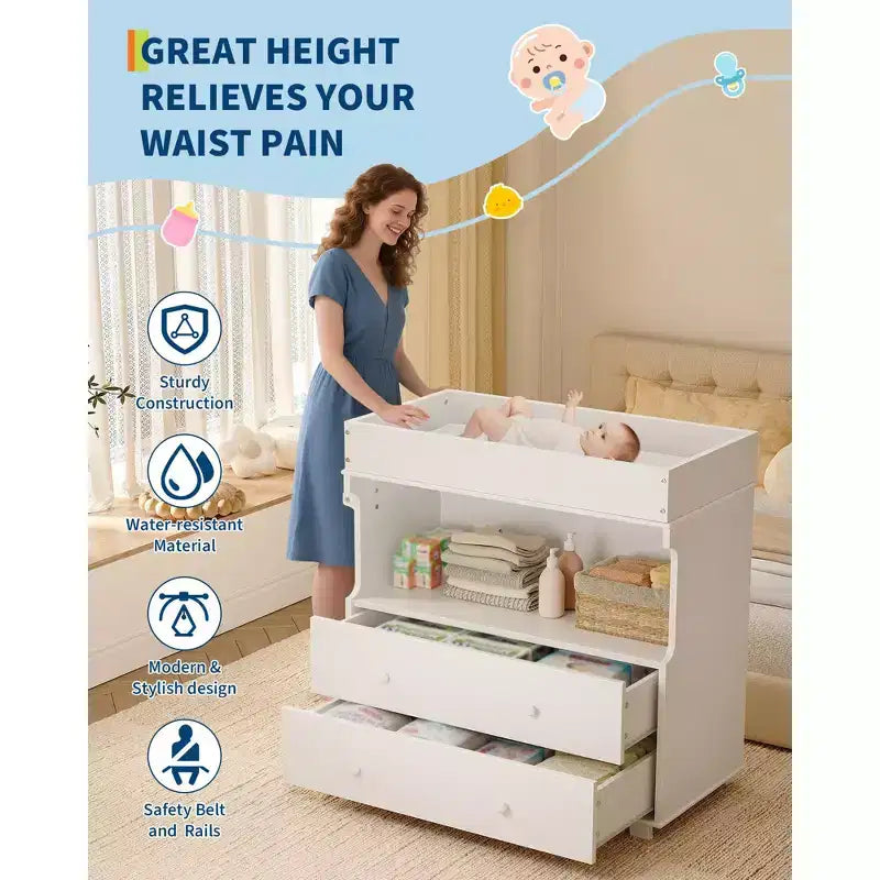 Comodino fasciatoio per bambini, fasciatoio moderno in legno con 2 cassetti, fasciatoio multifunzionale per neonati per cameretta, camera da letto