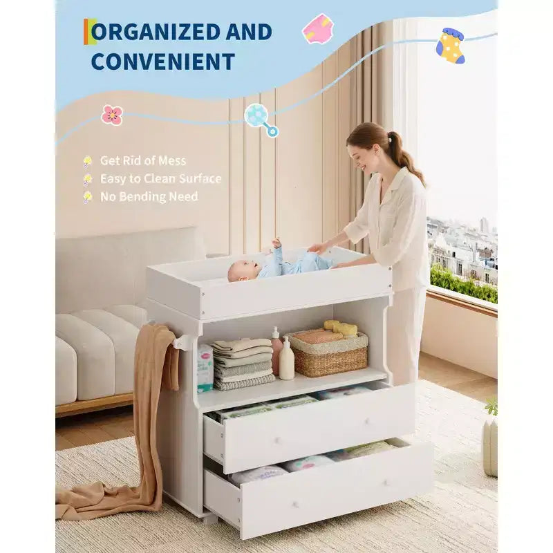Comodino fasciatoio per bambini, fasciatoio moderno in legno con 2 cassetti, fasciatoio multifunzionale per neonati per cameretta, camera da letto
