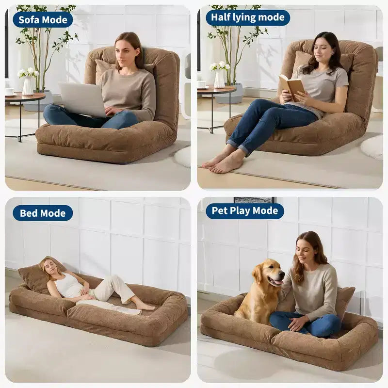 Divano letto pigro regolabile in 5 posizioni da 165 cm, letto imbottito per umani e animali domestici, poltrona reclinabile pieghevole da pavimento