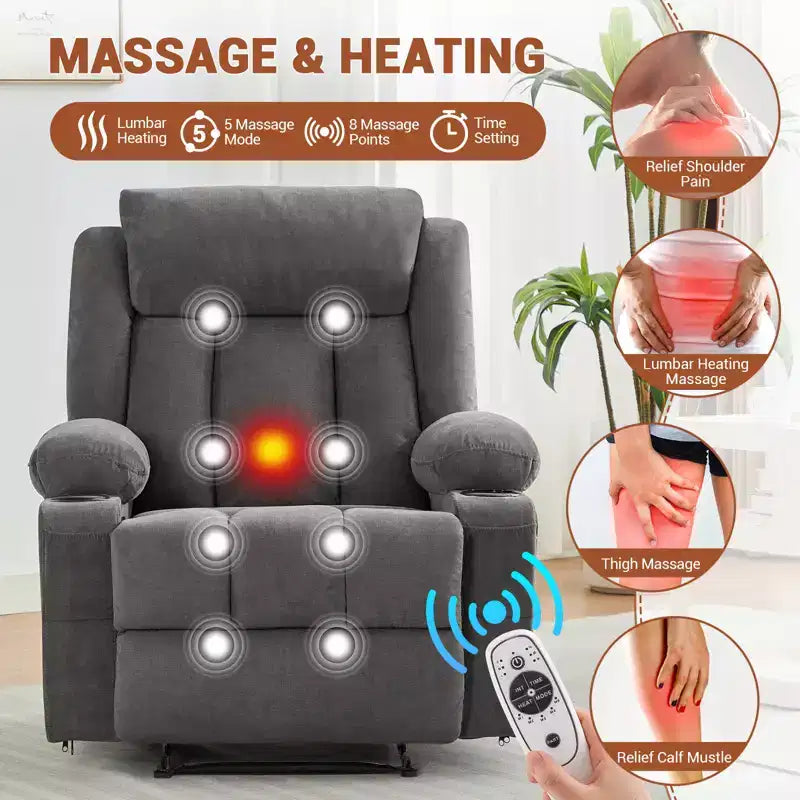 Poltrona reclinabile oversize, poltrona reclinabile manuale con massaggio vibrante e calore, riscaldamento lombare, comodo divano profondo imbottito per soggiorno