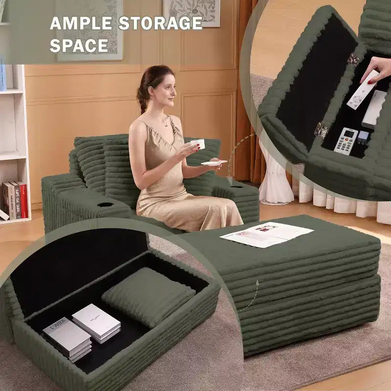 Chaise Longue Oversize da Interno con Contenitore, Divano Letto in Corduroy Imbottito Cloud con 3 Cuscini, Poltrona Letto Singola per la Casa