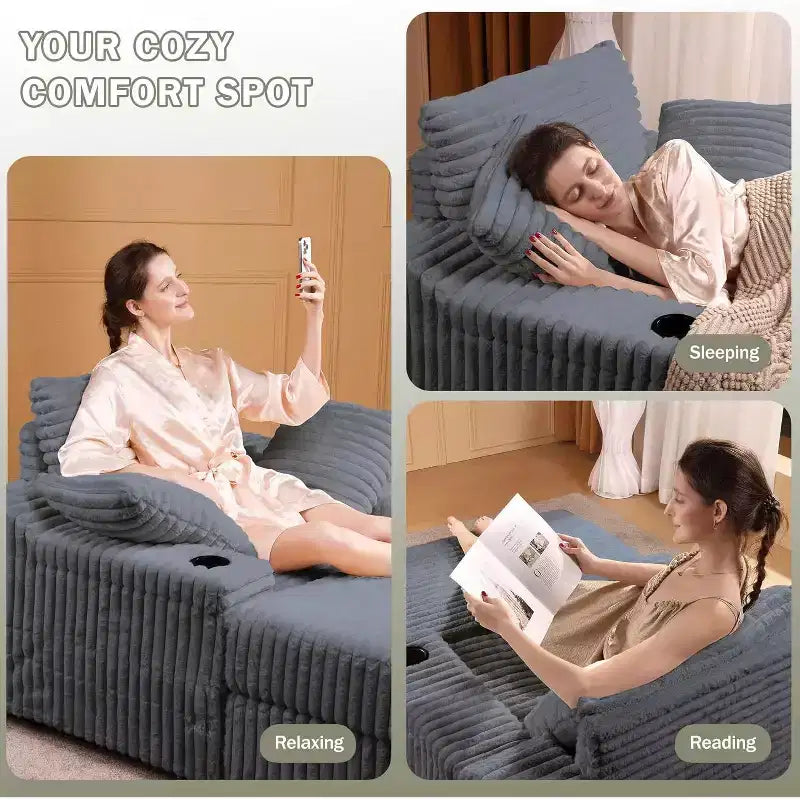 Chaise Longue Oversize da Interno con Contenitore, Divano Letto in Corduroy Imbottito Cloud con 3 Cuscini, Poltrona Letto Singola per la Casa