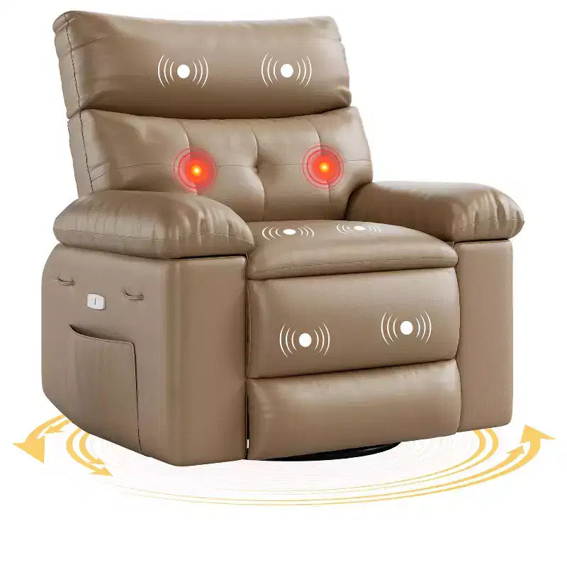 Poltrona a dondolo reclinabile extra-large con massaggio e riscaldamento, rotazione a 360°, con telecomando, portabicchieri e tasche laterali, design ergonomico.