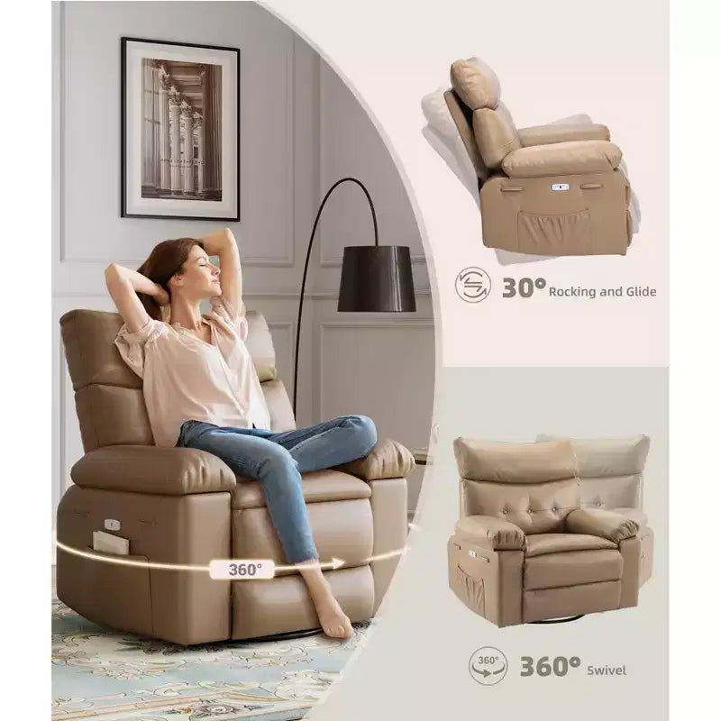 Poltrona a dondolo reclinabile extra-large con massaggio e riscaldamento, rotazione a 360°, con telecomando, portabicchieri e tasche laterali, design ergonomico.
