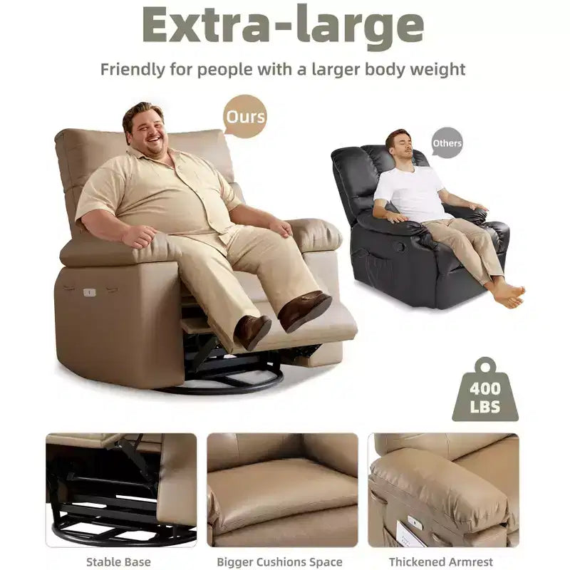 Poltrona a dondolo reclinabile extra-large con massaggio e riscaldamento, rotazione a 360°, con telecomando, portabicchieri e tasche laterali, design ergonomico.