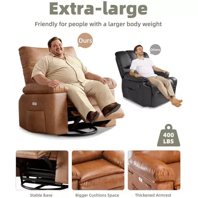 Poltrona a dondolo reclinabile extra-large con massaggio e riscaldamento, rotazione a 360°, con telecomando, portabicchieri e tasche laterali, design ergonomico.