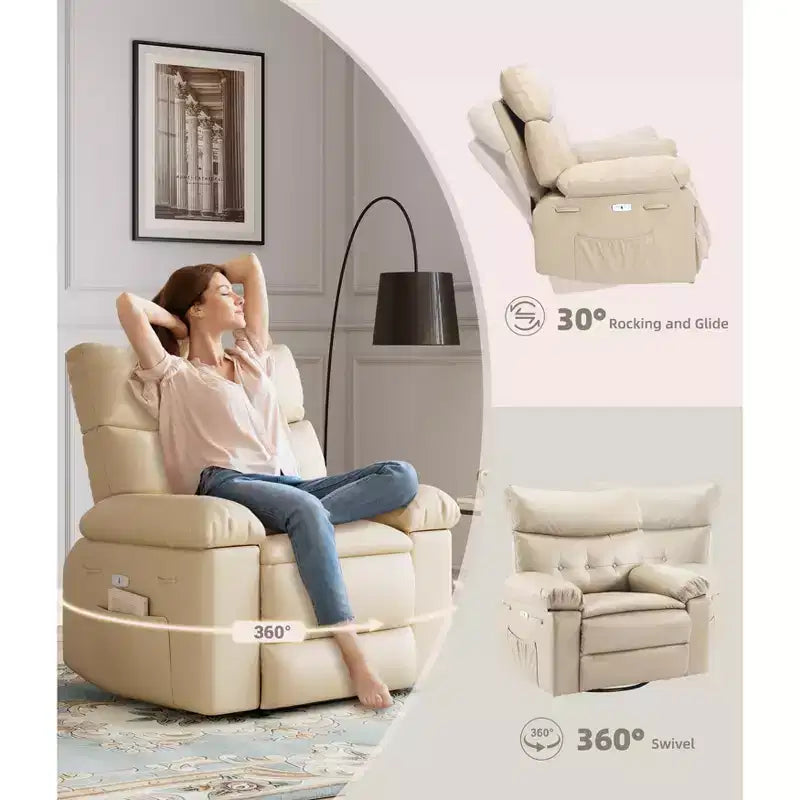 Poltrona a dondolo reclinabile extra-large con massaggio e riscaldamento, rotazione a 360°, con telecomando, portabicchieri e tasche laterali, design ergonomico.
