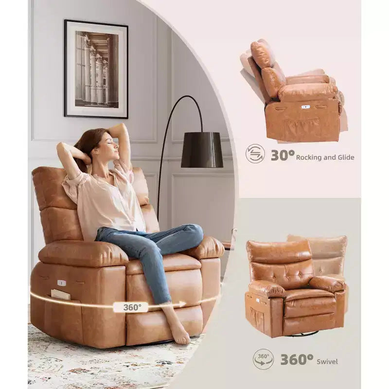 Poltrona a dondolo reclinabile extra-large con massaggio e riscaldamento, rotazione a 360°, con telecomando, portabicchieri e tasche laterali, design ergonomico.