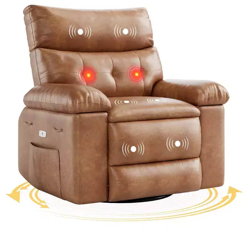 Poltrona a dondolo reclinabile extra-large con massaggio e riscaldamento, rotazione a 360°, con telecomando, portabicchieri e tasche laterali, design ergonomico.