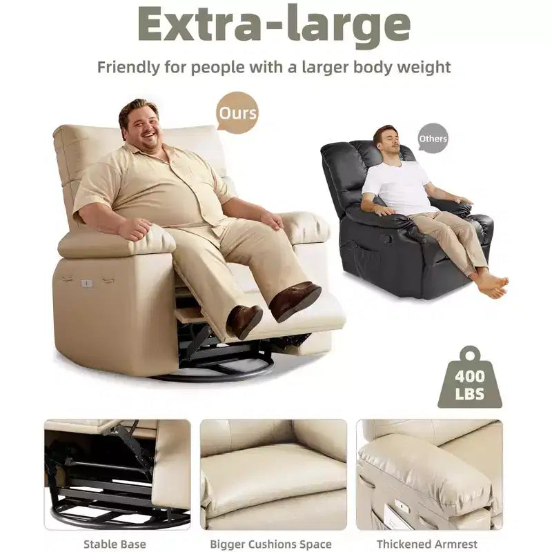 Poltrona a dondolo reclinabile extra-large con massaggio e riscaldamento, rotazione a 360°, con telecomando, portabicchieri e tasche laterali, design ergonomico.