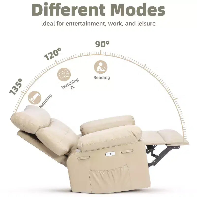 Poltrona a dondolo reclinabile extra-large con massaggio e riscaldamento, rotazione a 360°, con telecomando, portabicchieri e tasche laterali, design ergonomico.
