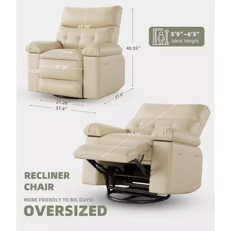 Poltrona a dondolo reclinabile extra-large con massaggio e riscaldamento, rotazione a 360°, con telecomando, portabicchieri e tasche laterali, design ergonomico.
