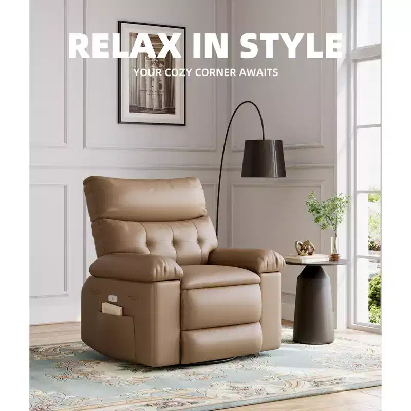 Poltrona a dondolo reclinabile extra-large con massaggio e riscaldamento, rotazione a 360°, con telecomando, portabicchieri e tasche laterali, design ergonomico.
