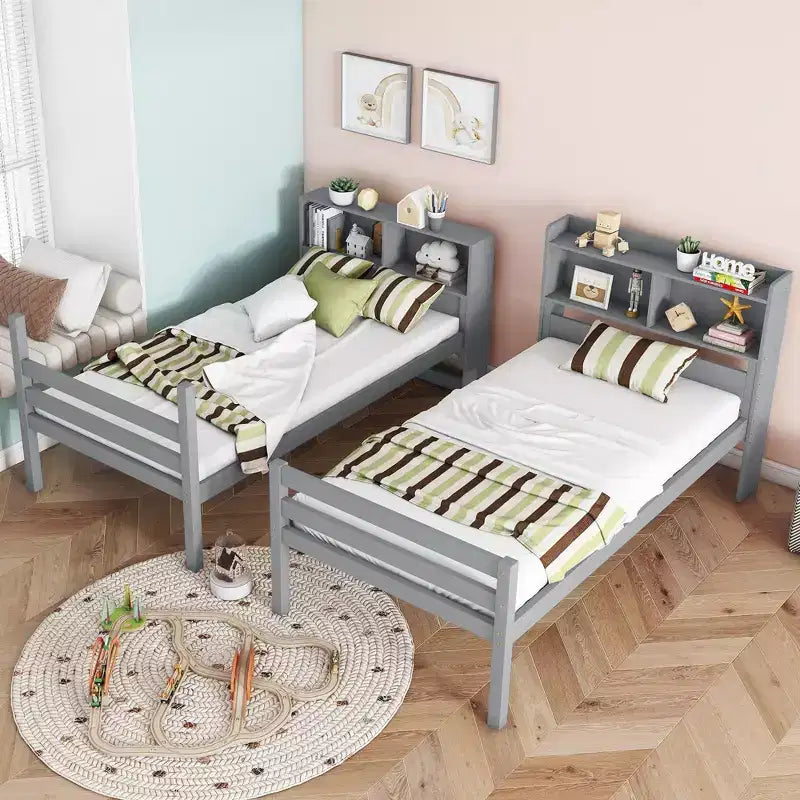 Letto a Castello con Testiera a Ripiani Sponde di Sicurezza e Scaletta Convertibile in 2 Letti per Camera da Letto Grigio