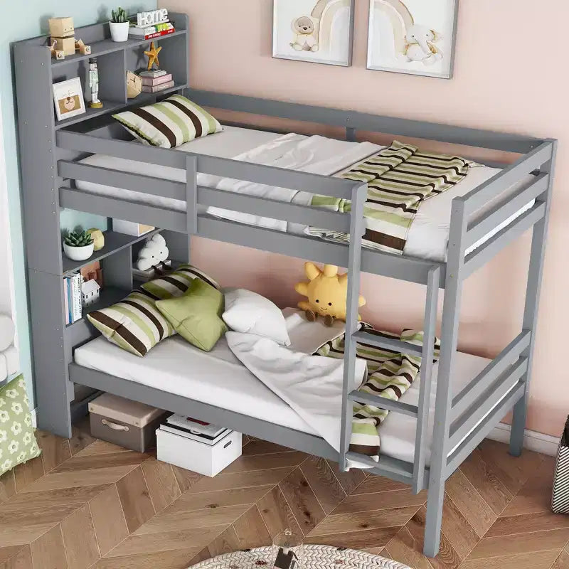 Letto a Castello con Testiera a Ripiani Sponde di Sicurezza e Scaletta Convertibile in 2 Letti per Camera da Letto Grigio