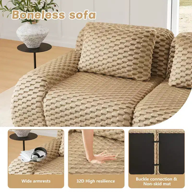 Divano modulare a L a 3 posti da 114 cm in flanella, con pouf e fibbie, nessun assemblaggio richiesto, color cammello chiaro