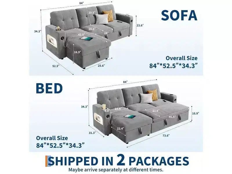 Divano letto 84" con contenitore, divano letto componibile in velluto convertibile con luci a LED, chaise longue reversibile e letto estraibile per soggiorno