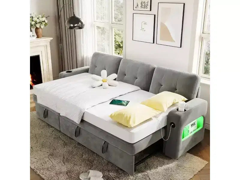 Divano letto 84" con contenitore, divano letto componibile in velluto convertibile con luci a LED, chaise longue reversibile e letto estraibile per soggiorno