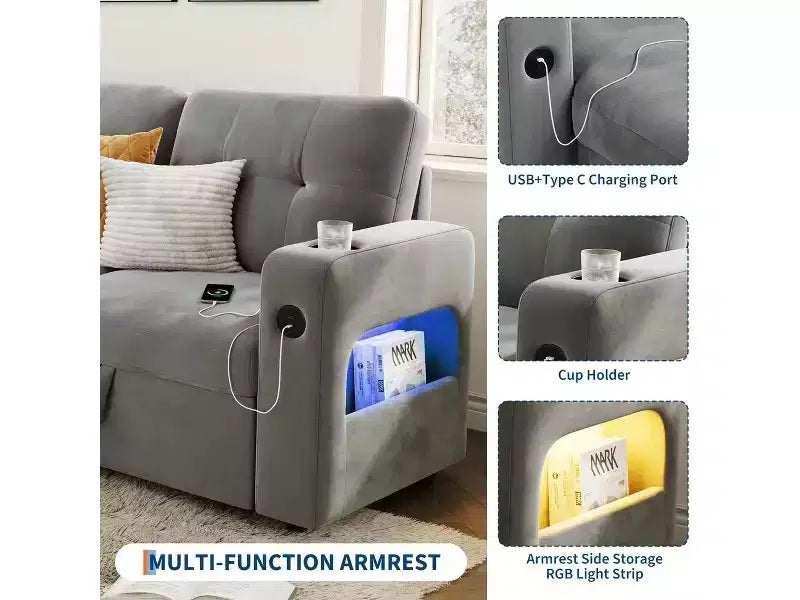 Divano letto 84" con contenitore, divano letto componibile in velluto convertibile con luci a LED, chaise longue reversibile e letto estraibile per soggiorno