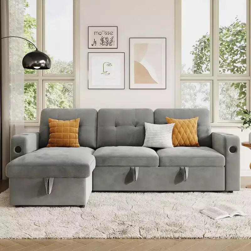 Divano letto 84" con contenitore, divano letto componibile in velluto convertibile con luci a LED, chaise longue reversibile e letto estraibile per soggiorno