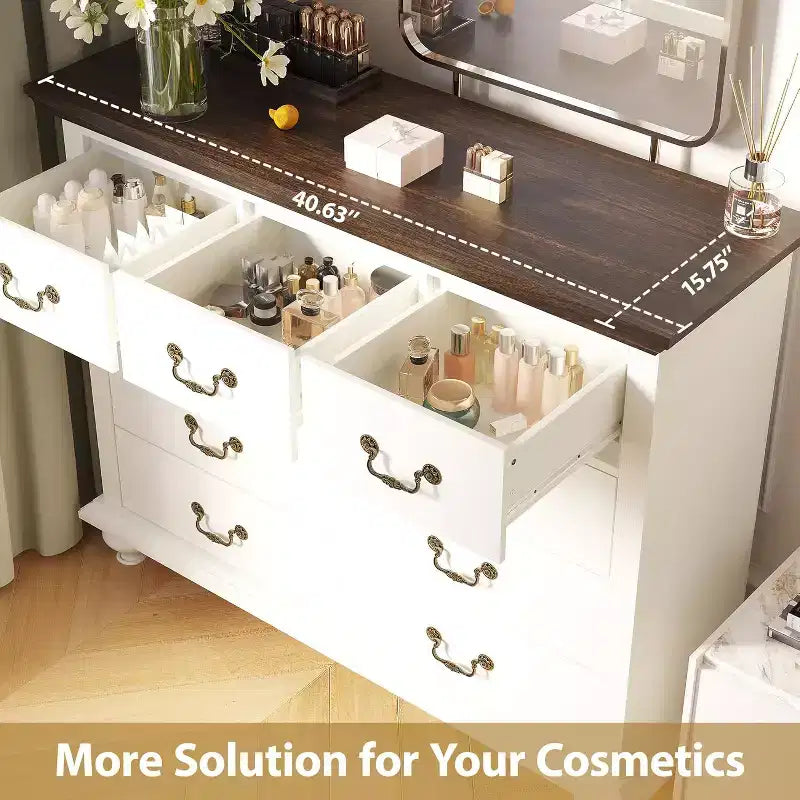 Mobile credenza vintage a 9 cassetti (MDF+PB), bicolore bianco e marrone, grande capacità, mobile decorativo e contenitore per soggiorno