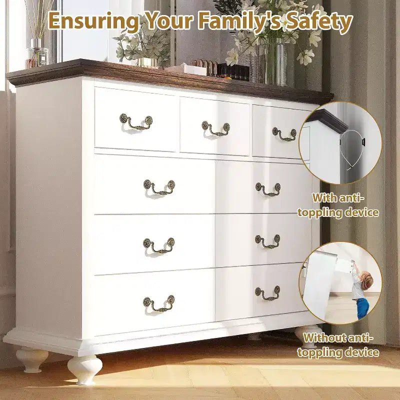 Mobile credenza vintage a 9 cassetti (MDF+PB), bicolore bianco e marrone, grande capacità, mobile decorativo e contenitore per soggiorno