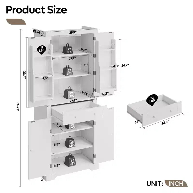Mobile dispensa da cucina alto 72 con ante e ripiani, dispensa per alimenti con luce con sensore di movimento