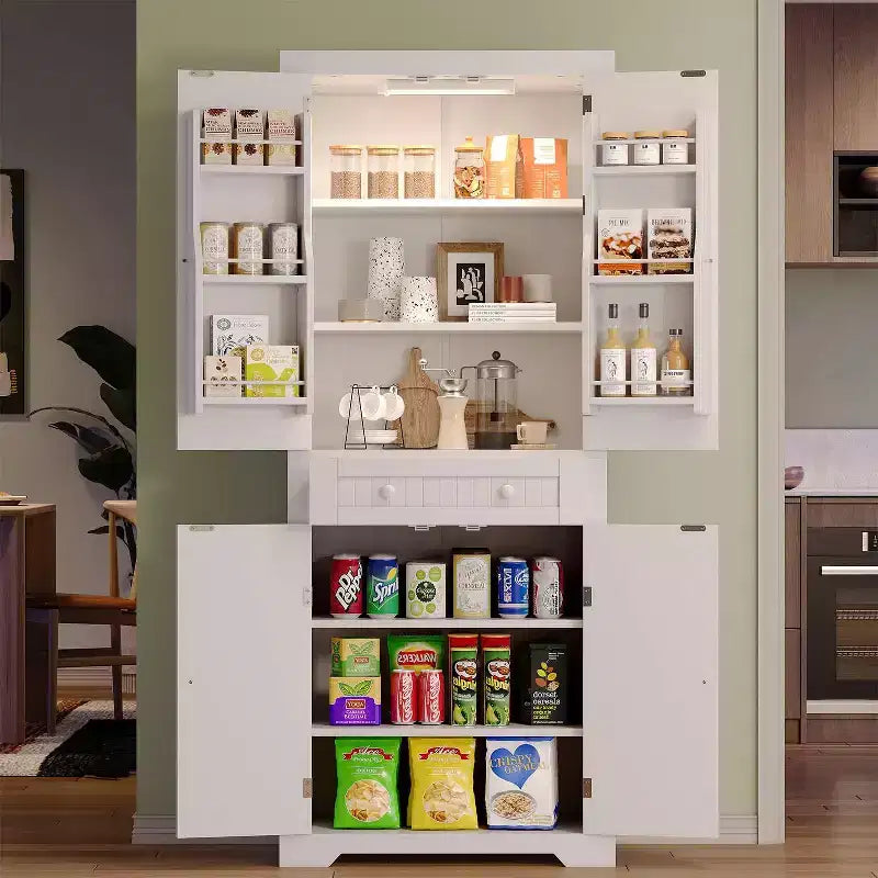 Mobile dispensa da cucina alto 72 con ante e ripiani, dispensa per alimenti con luce con sensore di movimento