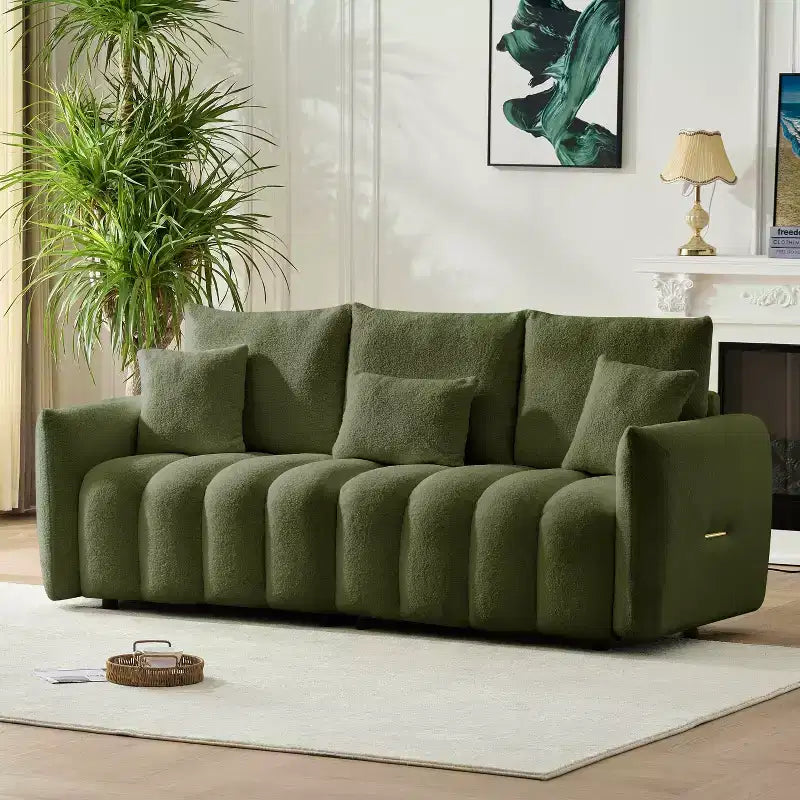 Divano premium in tessuto Teddy da 78 pollici con 3 cuscini schienale e 3 cuscini lombari, struttura in legno massello, divano a 3 posti con poltrona imbottita oversize, verde.