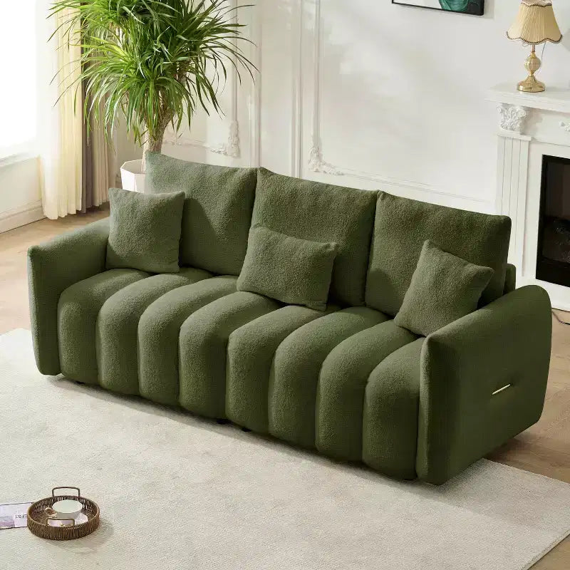 Divano premium in tessuto Teddy da 78 pollici con 3 cuscini schienale e 3 cuscini lombari, struttura in legno massello, divano a 3 posti con poltrona imbottita oversize, verde.