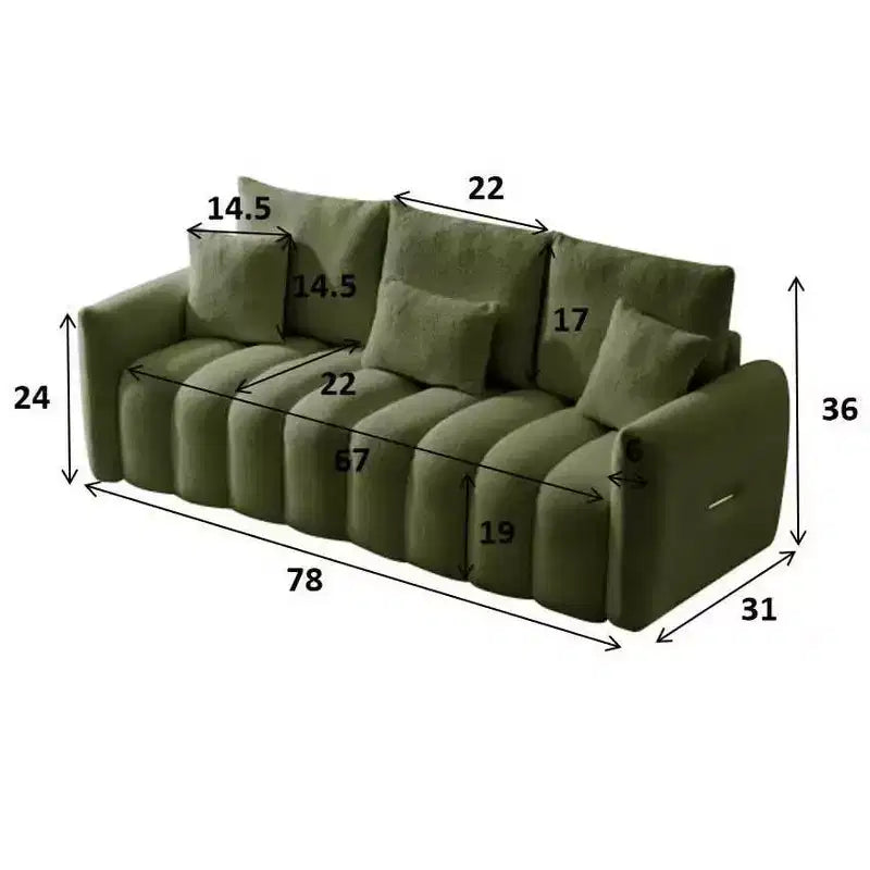 Divano premium in tessuto Teddy da 78 pollici con 3 cuscini schienale e 3 cuscini lombari, struttura in legno massello, divano a 3 posti con poltrona imbottita oversize, verde.