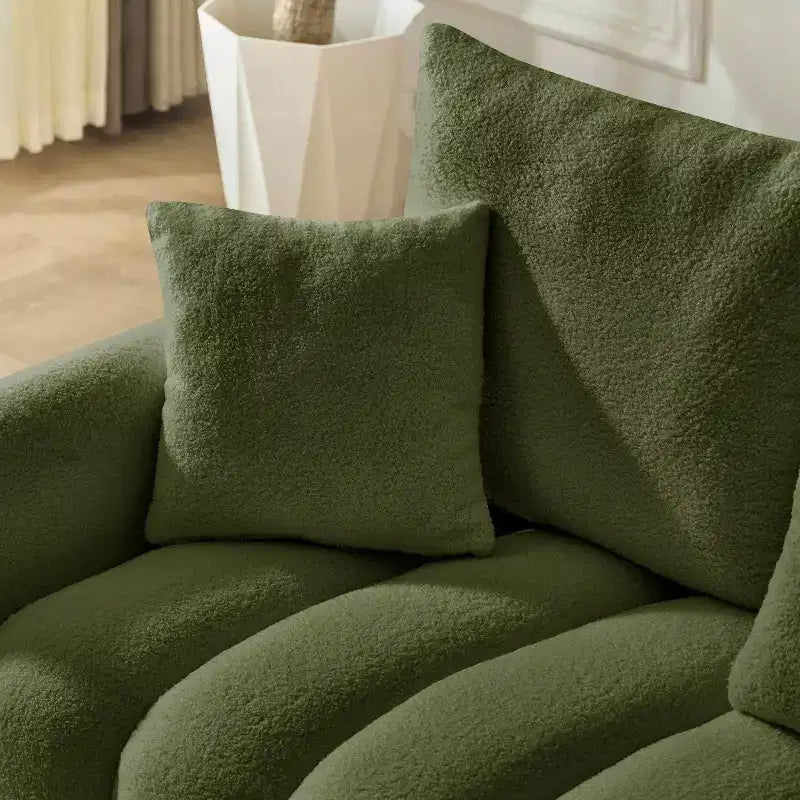 Divano premium in tessuto Teddy da 78 pollici con 3 cuscini schienale e 3 cuscini lombari, struttura in legno massello, divano a 3 posti con poltrona imbottita oversize, verde.