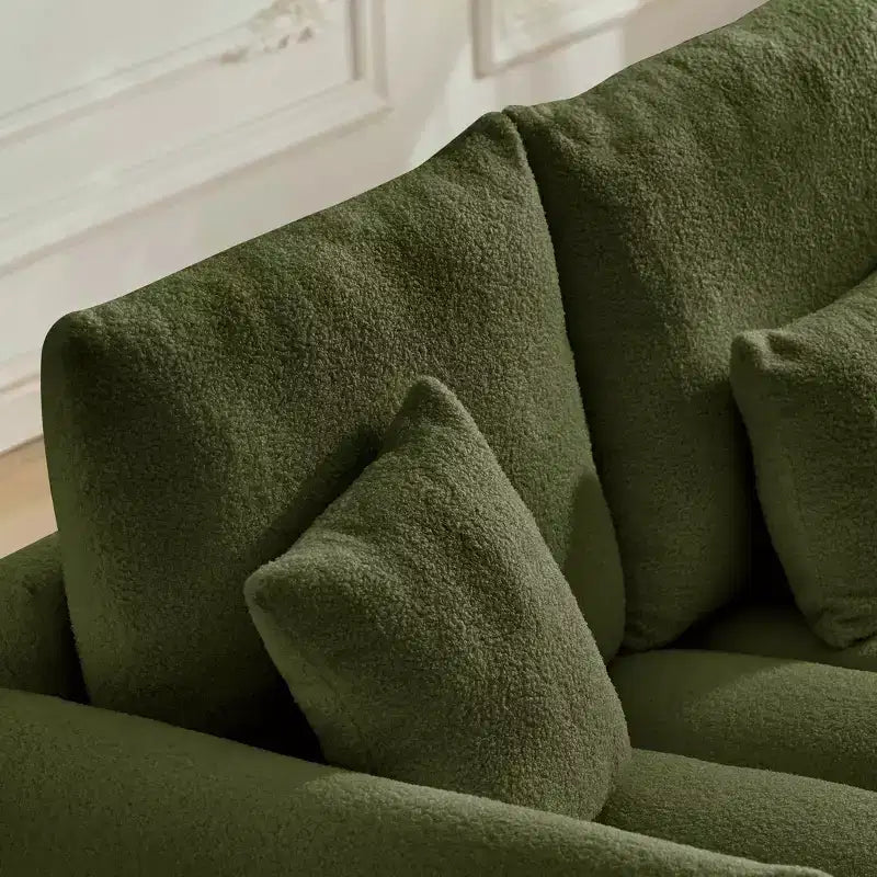 Divano premium in tessuto Teddy da 78 pollici con 3 cuscini schienale e 3 cuscini lombari, struttura in legno massello, divano a 3 posti con poltrona imbottita oversize, verde.