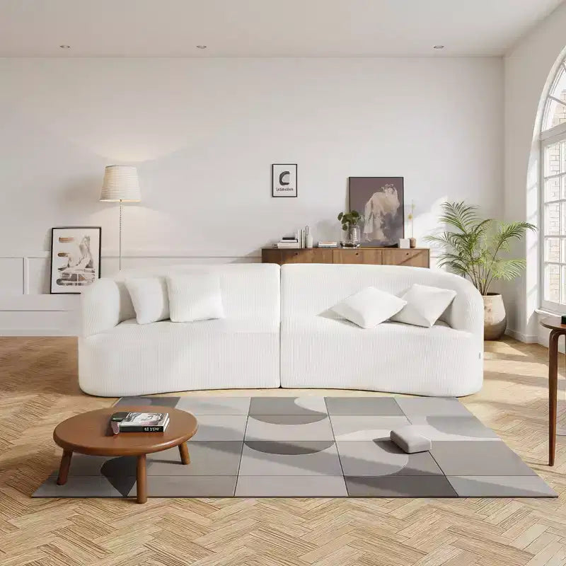 Divano sezionale moderno di lusso Cloud Plush, curvo modulare da 112" con 4 cuscini - Sedile profondo oversize in tessuto di velluto a coste, Bianco
