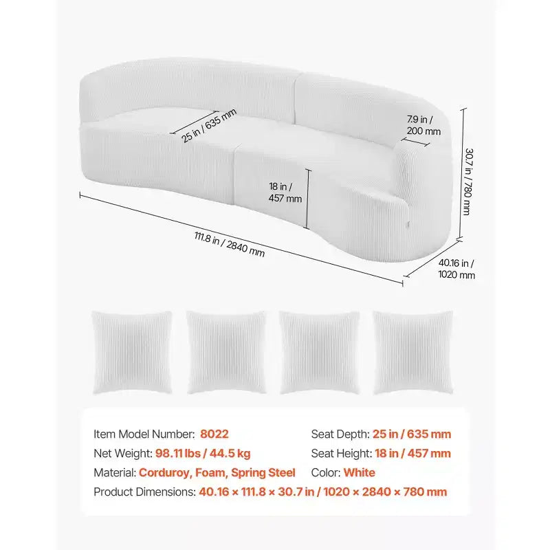 Divano sezionale moderno di lusso Cloud Plush, curvo modulare da 112" con 4 cuscini - Sedile profondo oversize in tessuto di velluto a coste, Bianco
