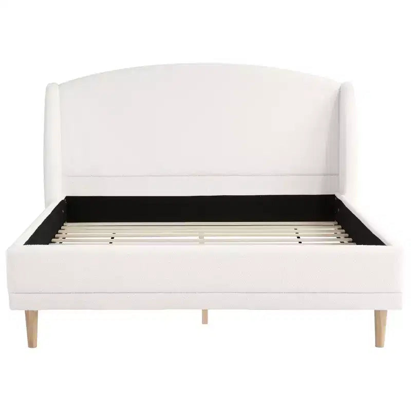 Letto imbottito Hollis in bouclé con testiera ad ali, bianco