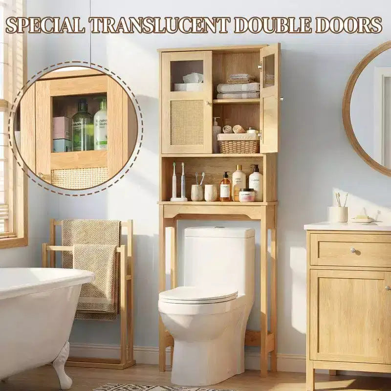 Mobiletto bagno da 66.93'' in legno originale con ante doppie in rattan