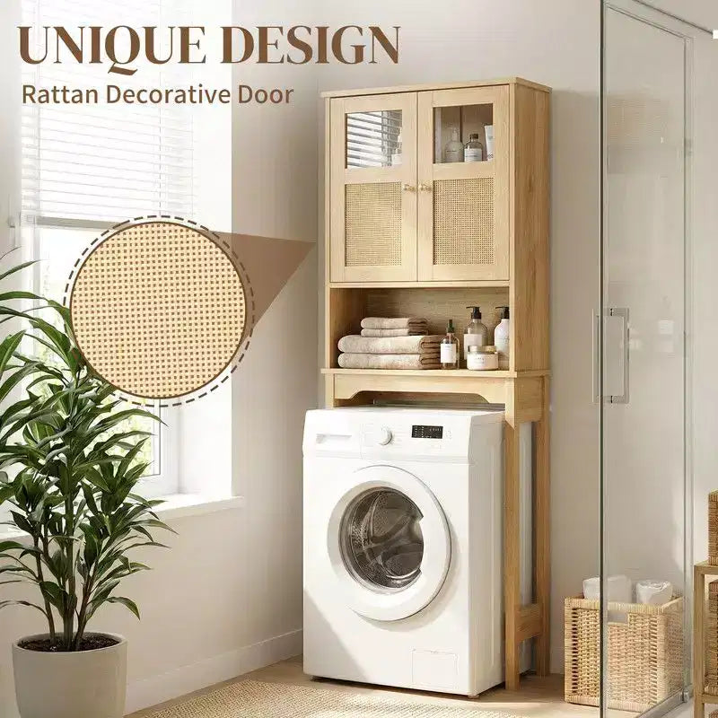 Mobiletto bagno da 66.93'' in legno originale con ante doppie in rattan