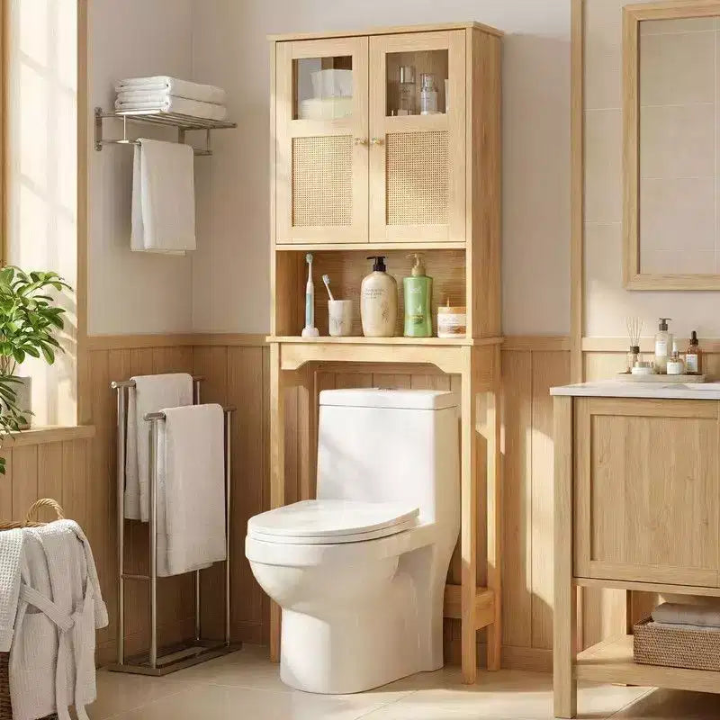 Mobiletto bagno da 66.93'' in legno originale con ante doppie in rattan