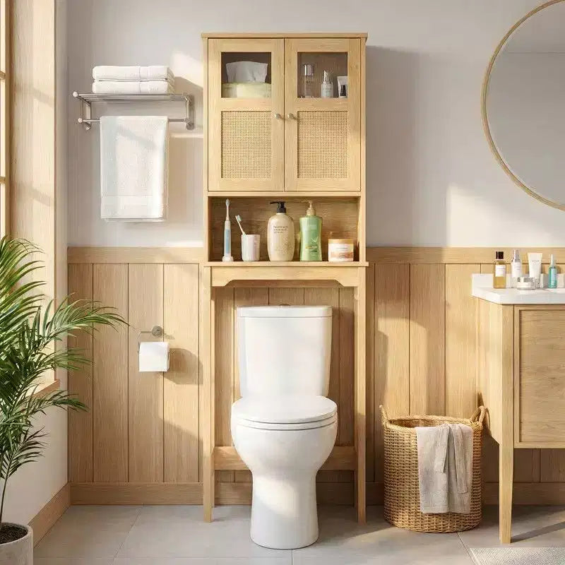 Mobiletto bagno da 66.93'' in legno originale con ante doppie in rattan