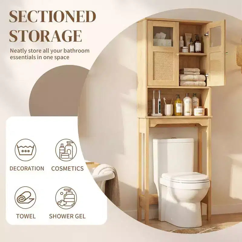 Mobiletto bagno da 66.93'' in legno originale con ante doppie in rattan