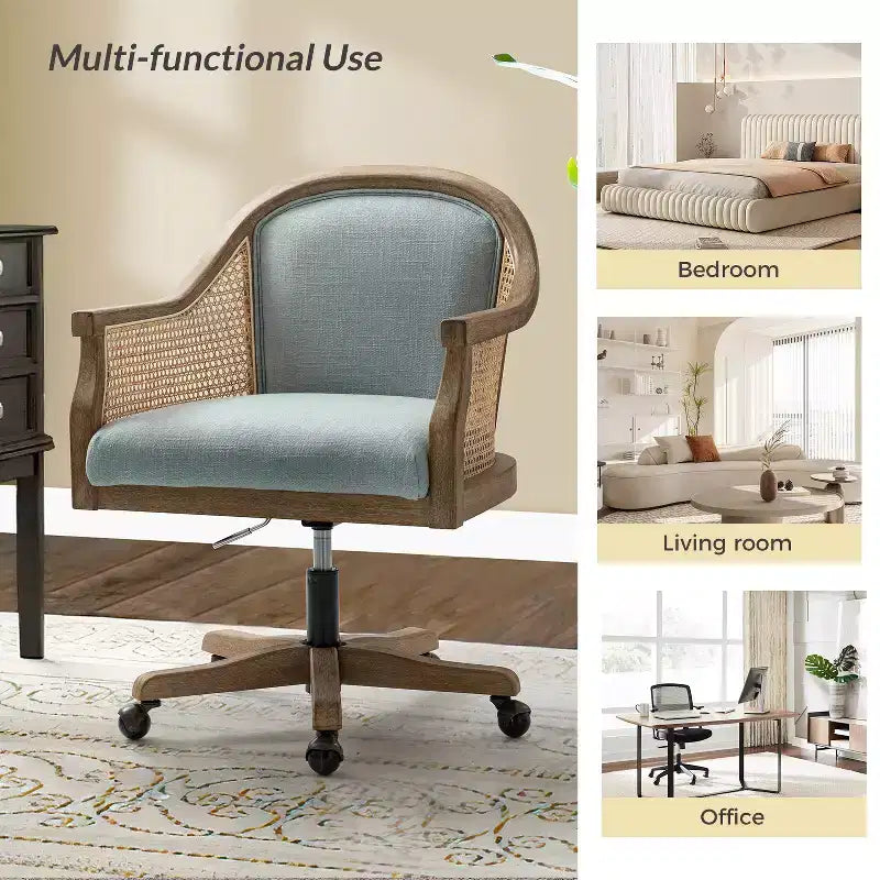 Sedia da lavoro girevole con braccioli in rattan e cuscino in misto lino naturale e schiuma | ARTFUL LIVING DESIGN