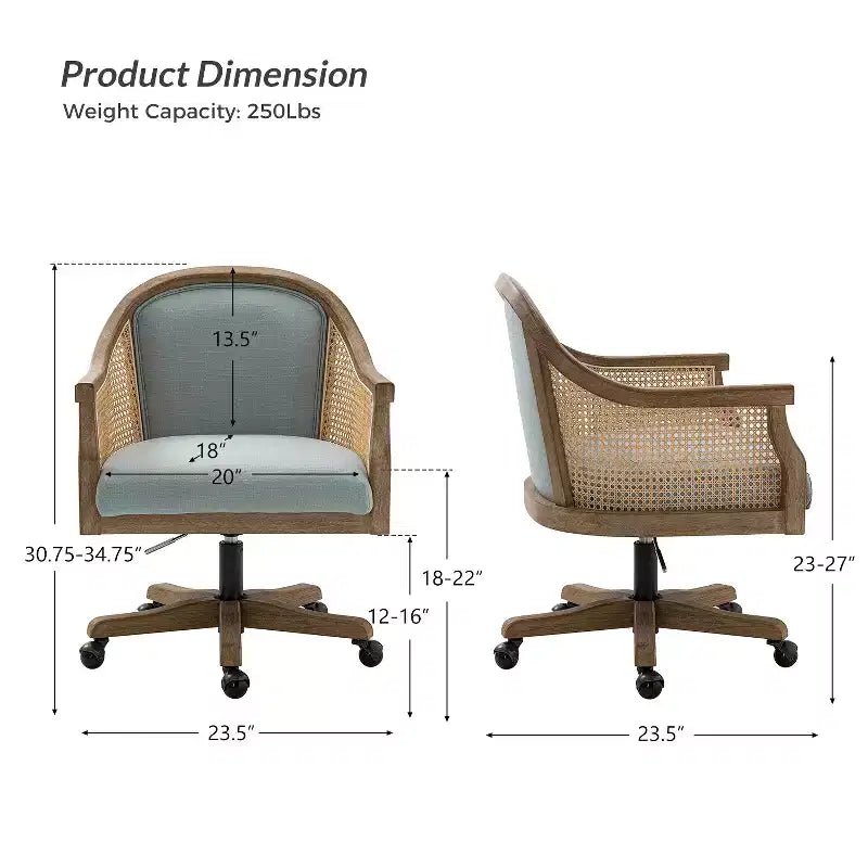 Sedia da lavoro girevole con braccioli in rattan e cuscino in misto lino naturale e schiuma | ARTFUL LIVING DESIGN