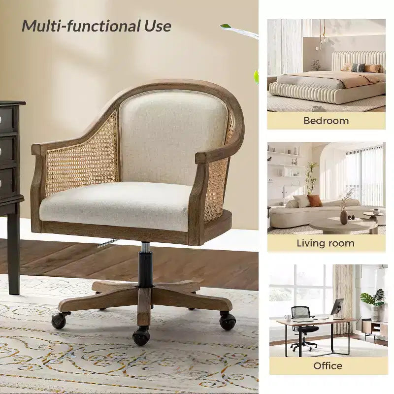 Sedia da lavoro girevole con braccioli in rattan e cuscino in misto lino naturale e schiuma | ARTFUL LIVING DESIGN
