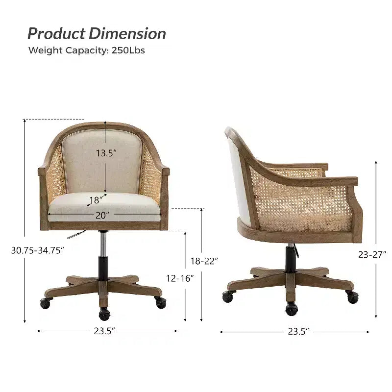 Sedia da lavoro girevole con braccioli in rattan e cuscino in misto lino naturale e schiuma | ARTFUL LIVING DESIGN