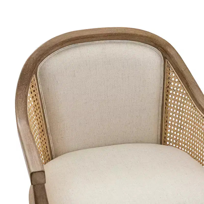 Sedia da lavoro girevole con braccioli in rattan e cuscino in misto lino naturale e schiuma | ARTFUL LIVING DESIGN