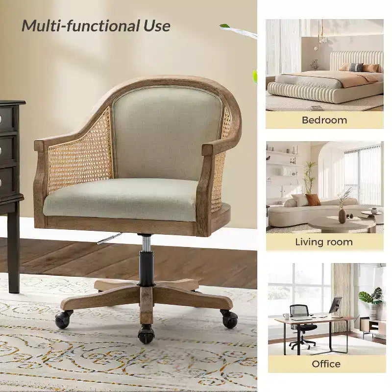 Sedia da lavoro girevole con braccioli in rattan e cuscino in misto lino naturale e schiuma | ARTFUL LIVING DESIGN
